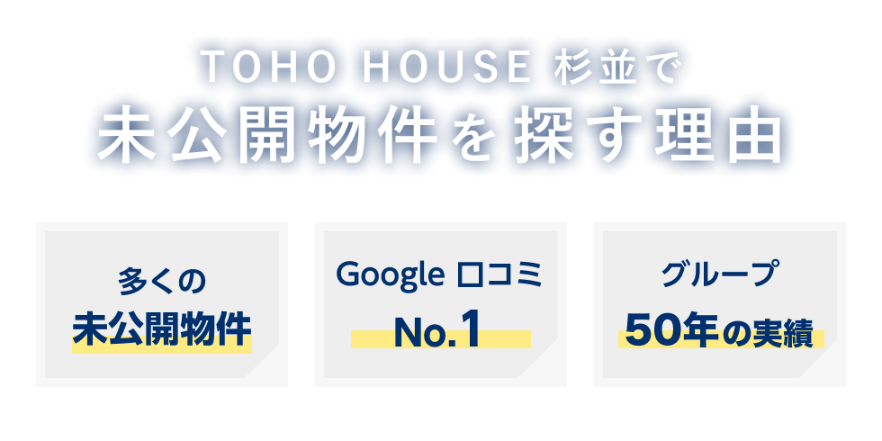 TOHO HOUSE 杉並で未公開物件を探す理由。多くの未公開物件・Google 口コミNo1・グループ50年の実績
